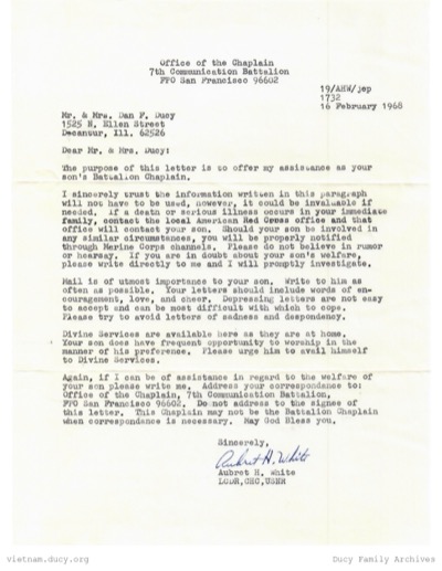 Office of the Chaplain - 7th Comm Bt - To Mr & Mrs Dan Ducy — misc