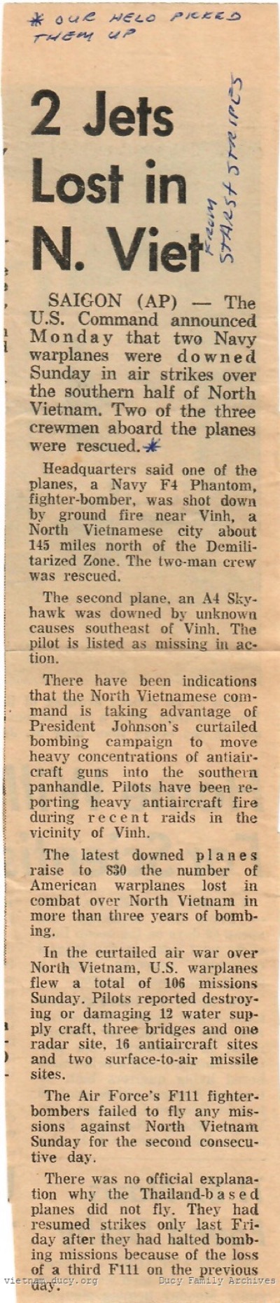 Stars and Stripes - 2 Jets Lost In N. Viet — newspaper