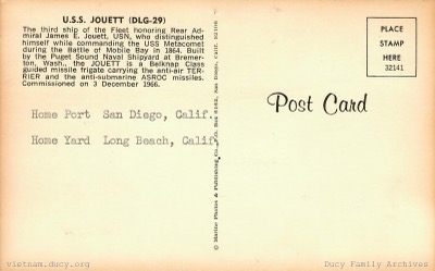 USS Jouett DLG-29 Postcard Back — ship-pubs