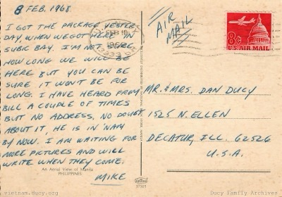 Mike Ducy to Home - Manila Postcard Back — mike