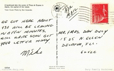 Mike Ducy to Home - Guam Postcard Back — mike